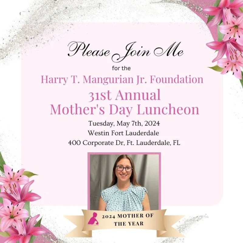 Invitation graphic for the 31st Annual Mother's Day Luncheon naming Diana Gelfand 2024 Mother of the Year