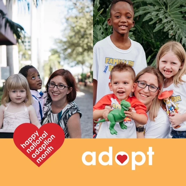 Two photos of Diana Gelfand with her children, with a "happy national adoption month" heart